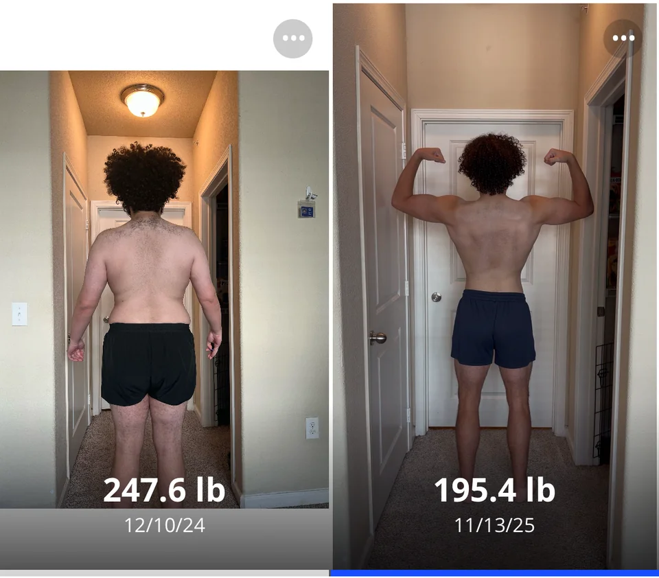 Side-by-side progress photos labeled 247.6 lb on December 10, 2024 and 195.4 lb on November 13, 2025