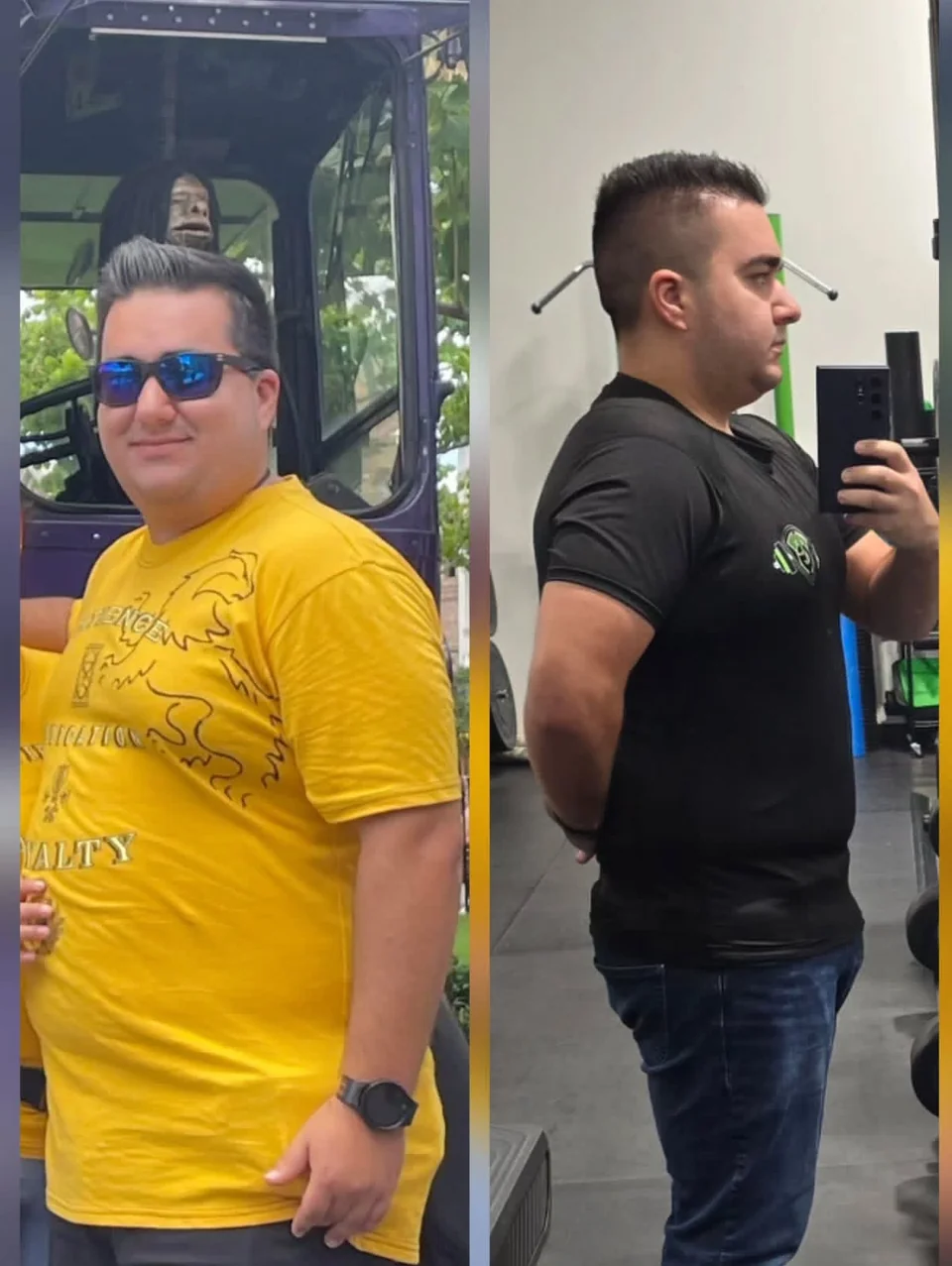 Side-by-side progress photos showing a man outdoors and taking a gym mirror photo